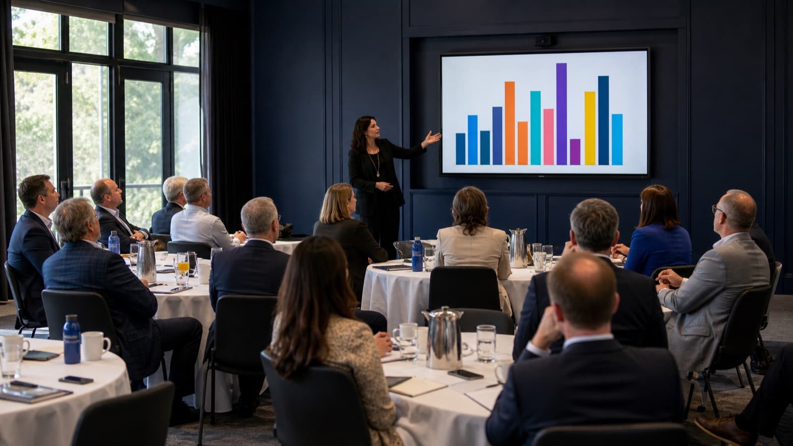 A facilitator presenting a live room benchmark to a cohort