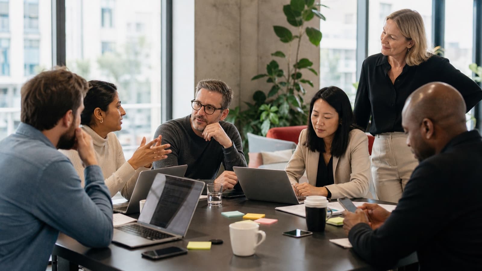 A cohort of leaders working around a table in a bright workshop room